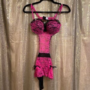 Hot Pink Black Lace Padded Push Up Tie Back Baby Doll Lingerie Med NWOT